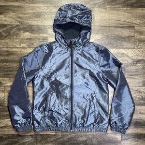 Broken Promises Jacket Mens S Green Reflective Full Zip Hooded Windbreaker EUC